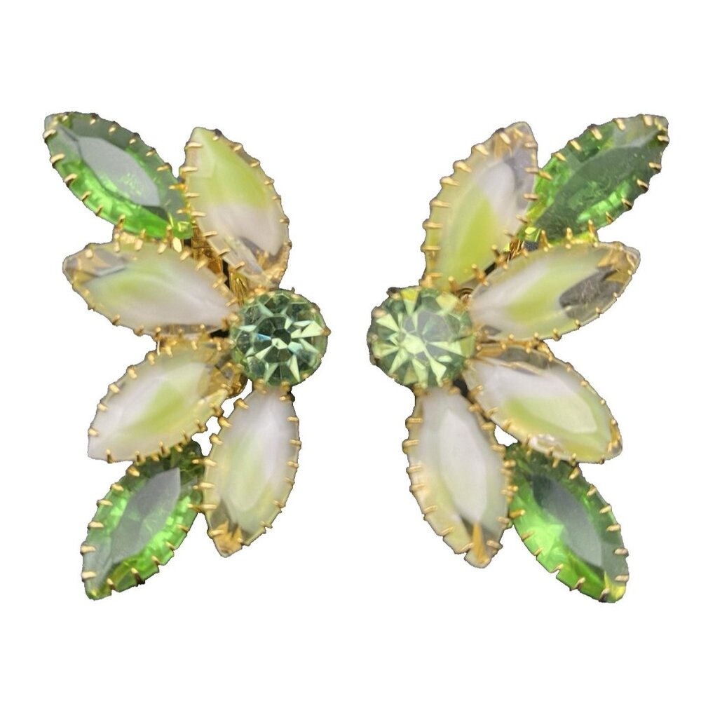 Vtg Givre Glass Earrings Dogtooth Prong Open Bezel Lime Green Gold Tone Clip On